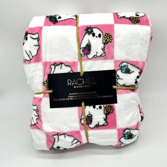 Rachel Roy FULL / QUEEN Ghost Blanket Pink Checkered Flower Ghosts NEW